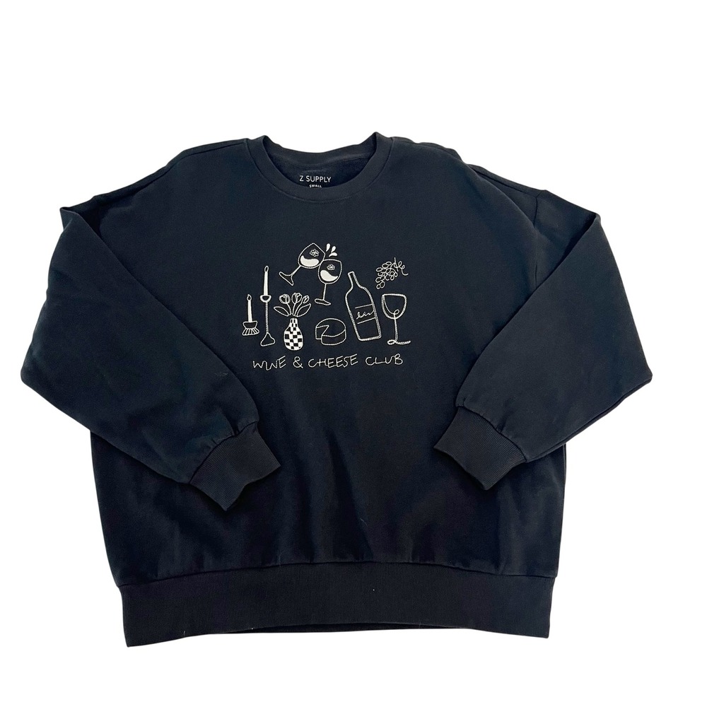 NEW Z Supply Wine & Cheese Club Embroidered Sweatshirt Black Cotton Fleece SMALL